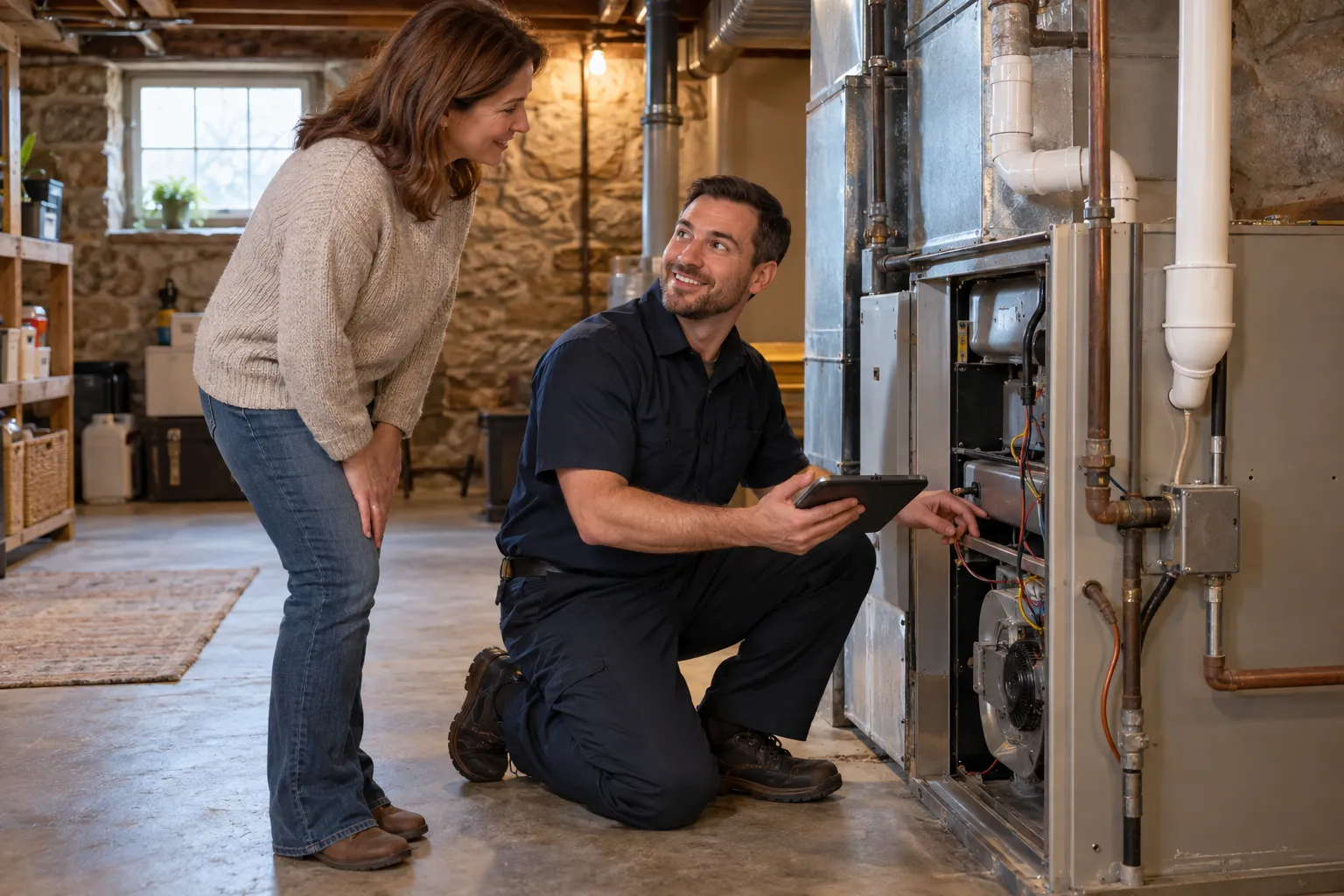 A provider checking a furnace in a basement in the Fall River area